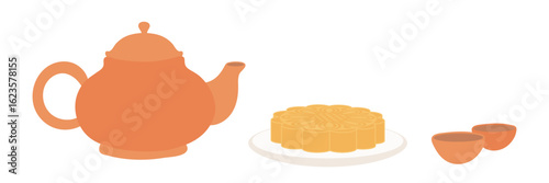 Teapot with teacups isolated on transparent. Flat vector illustration. Mid Autumn Festival design element, holiday clip art. Tableware, kitchen utensils, tea ceremony