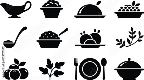 Simple Black Glyph Food Icons:  Serving Dishes, Bowls, Spoons, Herbs, and Utensils.