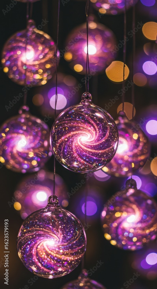 Obraz premium Elegant purple christmas ornaments hanging with a soft glow creating a festive holiday atmosphere