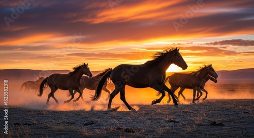 Fototapeta Naklejka Na Ścianę i Meble -  Horses running wild at sunset