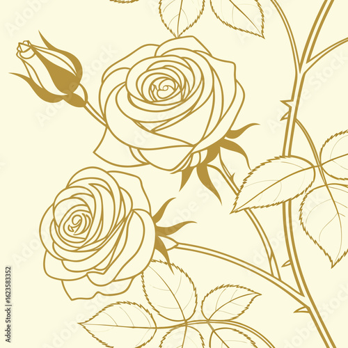 Elegant golden rose illustration featuring flowers and leaves outlined on a creamy off-white background for graphic design and decoration