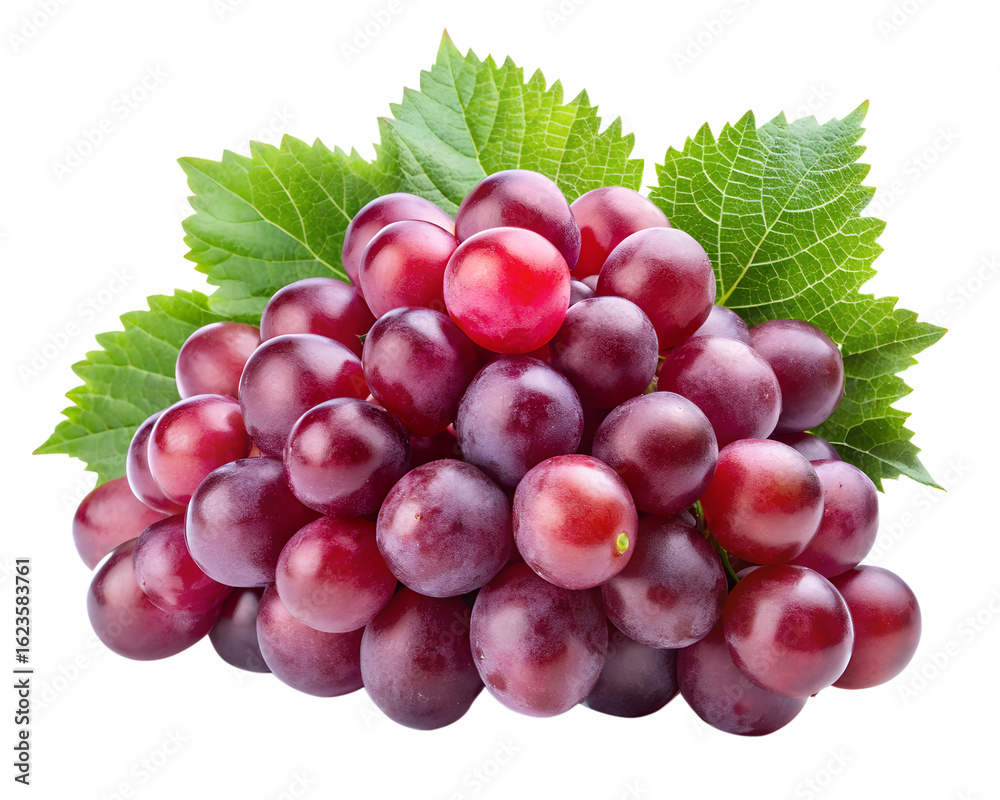 Fototapeta premium Bunch of fresh red grapes with green leaves, isolated on transparent background