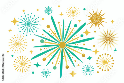 Festive fireworks burst design with gold and teal elements on a transparent background suitable for celebration graphics