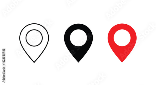Three map location pins outline, black, and red, isolated on white background