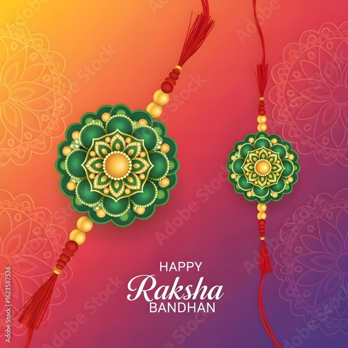 Illustration of two green and gold rakhi designs for raksha bandhan on a colorful background