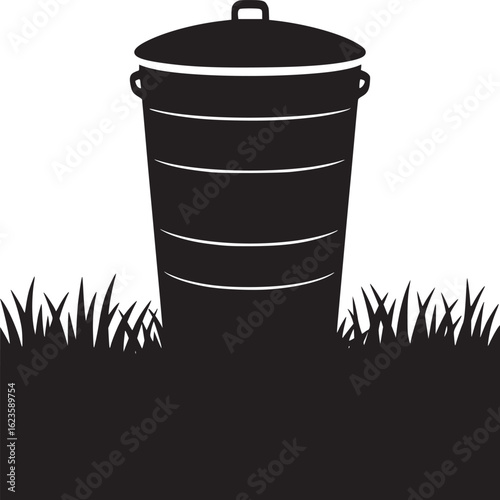 Trash Can in Grass Silhouette