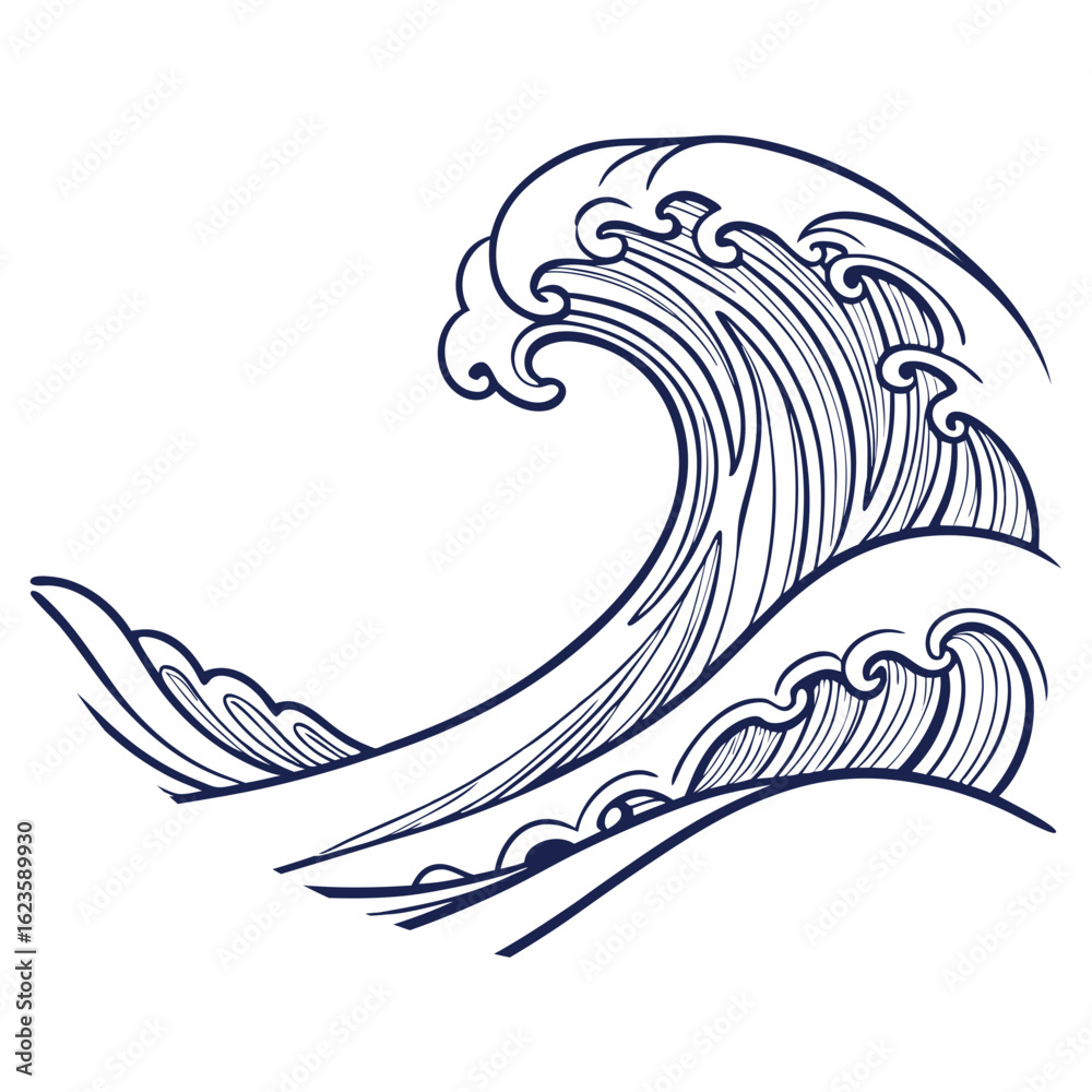 Obraz premium Hand Drawn Ocean Wave Line Art