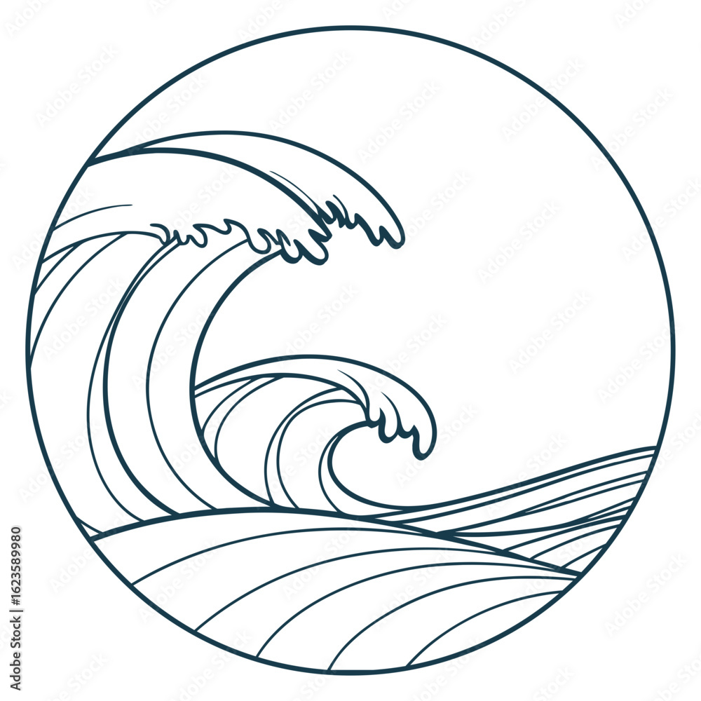 Naklejka premium Minimalist Ocean Wave Line Art in Circular Frame