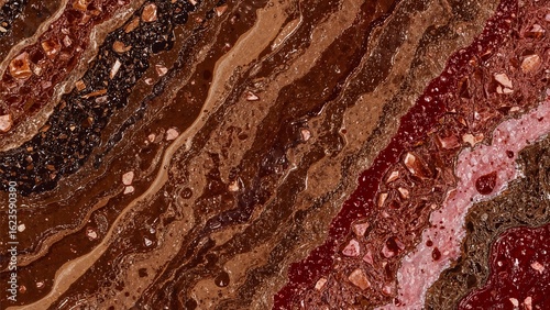 Aerial view of multi layered rock formation with varying colors and textures in a close up shot
