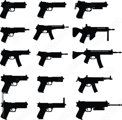 Sidearm Handgun and Pistol Vector Illustrations. A modern collection of firearm silhouettes, perfect for military, police, crime, and security concepts.