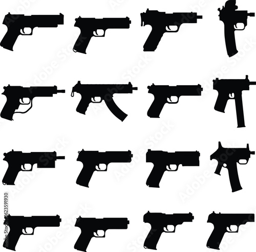Sidearm Handgun and Pistol Vector Illustrations. A modern collection of firearm silhouettes, perfect for military, police, crime, and security concepts.