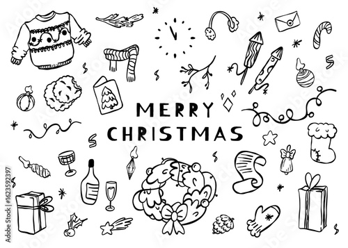 Holly Jolly Christmas cartoon doodles. Black and white festive clip art set with outline drawings. Isolated on white background for holiday design and decoration.