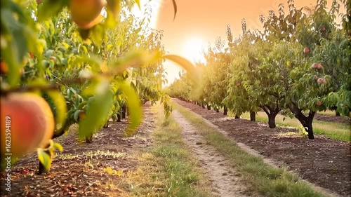 Peach Orchard With Rows Of Fruit Trees In Warm Sunset Light During Harvest Season Representing Agriculture And Fresh Produce

