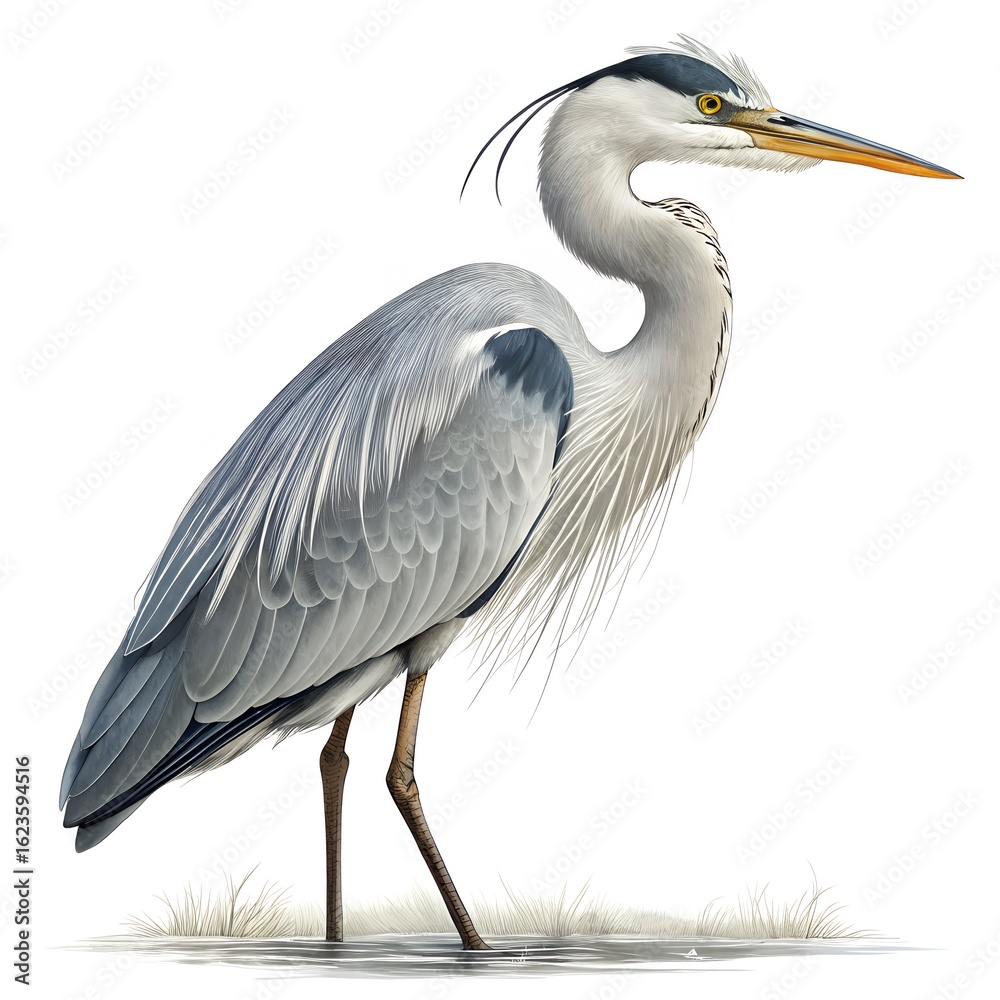 Obraz premium Grey Heron Bird, Detailed Illustration, Serene Wildlife Art, White Background