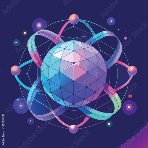 Abstract geometric design featuring a glowing spherical core and orbiting bands in a gradient of blue and purple colors.