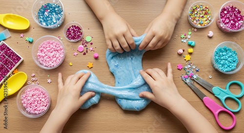 Children's Hands Stretching Blue Glitter Slime with Colorful Craft Supplies on Wooden Table, Top View