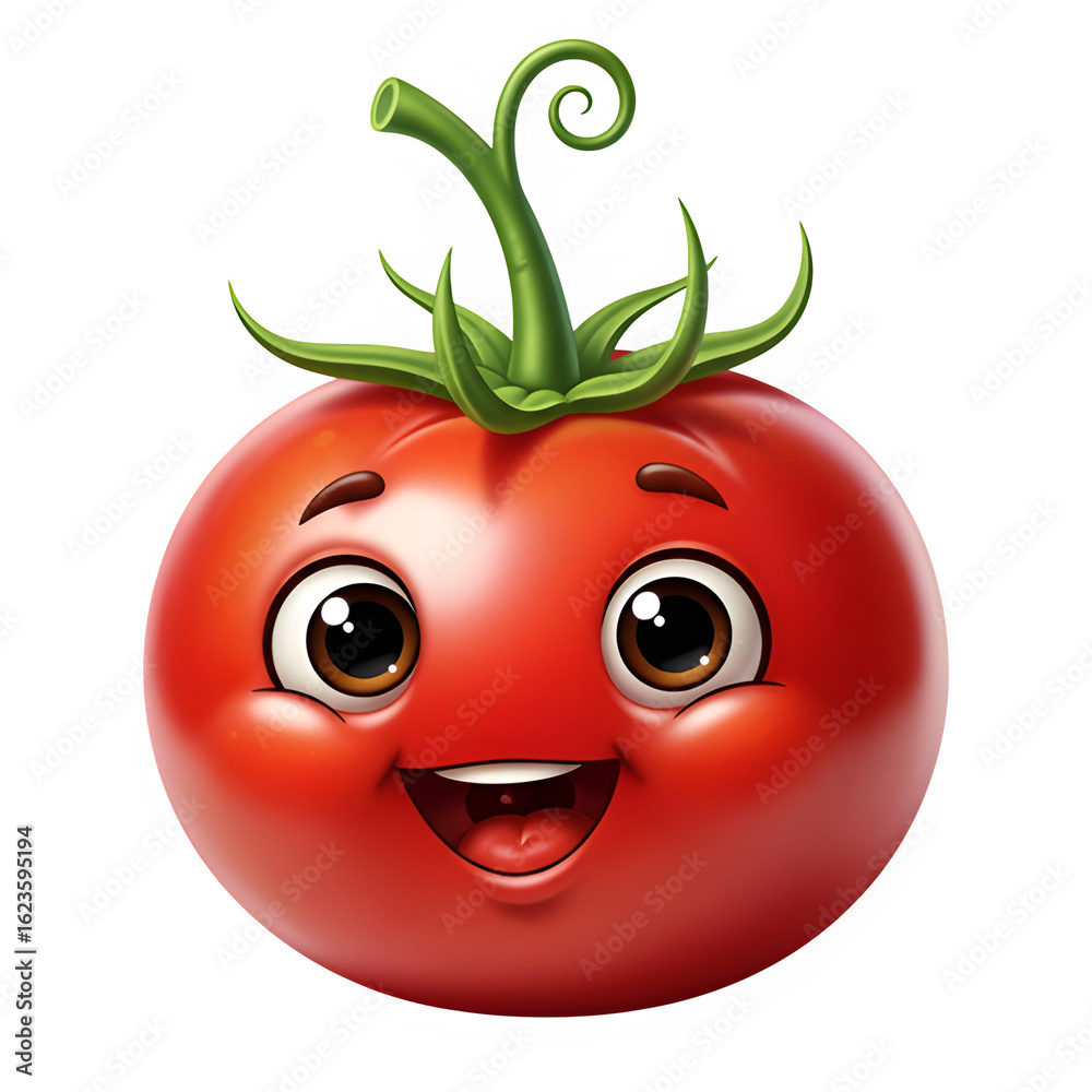 Obraz premium Cartoon tomato character with smiling face and green leaves isolate Isolated on Transparent Background