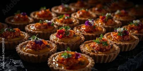 Wallpaper Mural Close up of many small tarts filled with orange filling and topped with flowers on a dark surface Torontodigital.ca