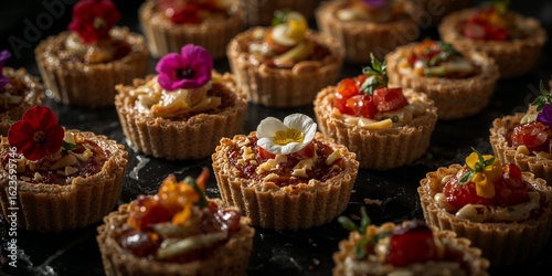 A close up of an assortment of mini tarts with various toppings and edible flower garnishes on a dark surface