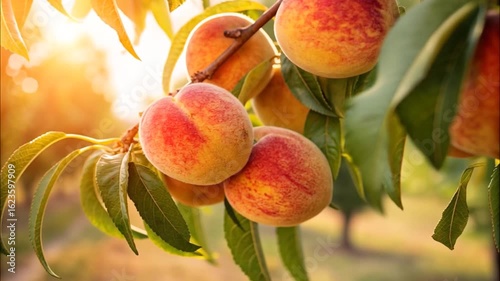 Ripe Juicy Peaches Hanging On Tree Branch Surrounded By Green Leaves In Sunlight During Harvest Season In Orchard Farm


