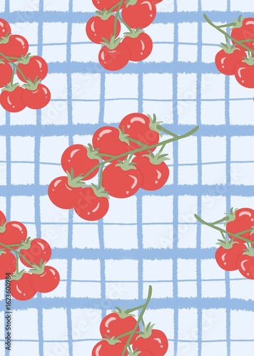 Seamless digital pattern of cherry tomatoes on a hand-drawn blue checkered background.