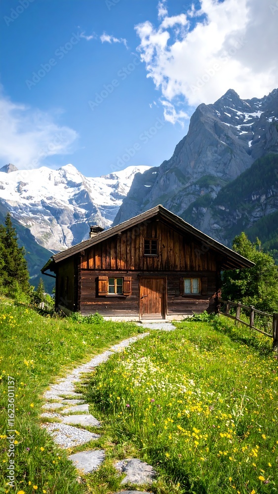 Fototapeta premium Alpine chalet nestled in a meadow, with mountains and snow in the background