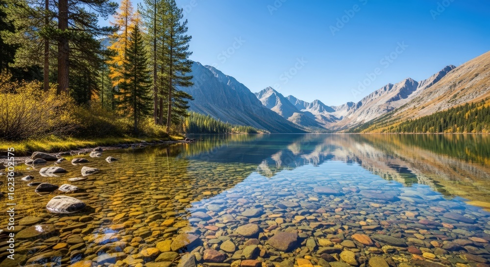 Fototapeta premium Crystal clear mountain lake reflecting the sky and surrounding pine forest in autumn