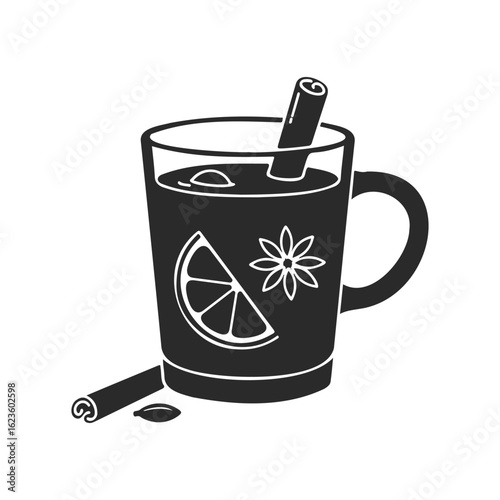 Hot mulled wine with citrus and spices in mug illustration