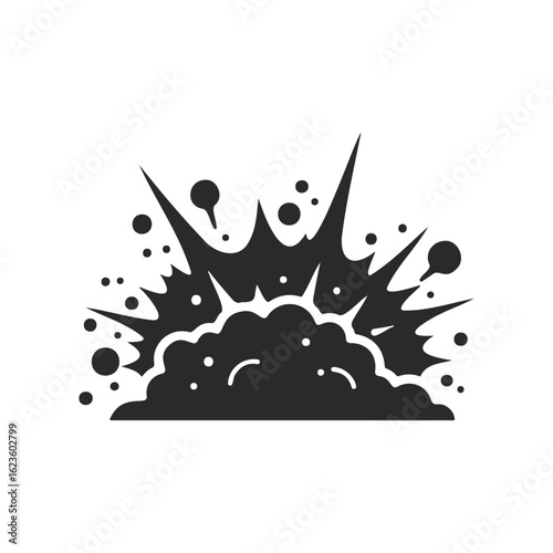 Monochrome explosion graphic with dynamic burst and cloud elements