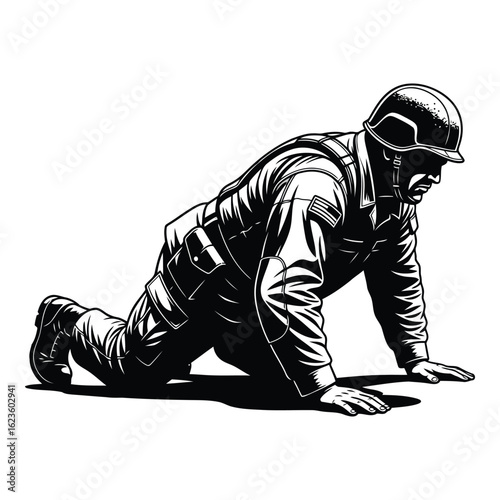 Illustration of a soldier crawling or pushing up from the ground representing military training or service and strength in black and white