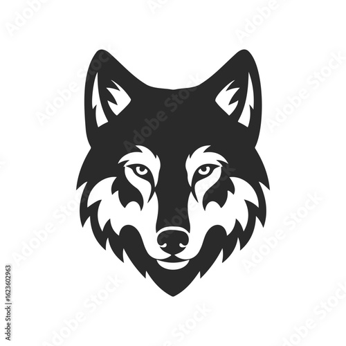 Monochrome wolf head emblem with fierce expression on white background