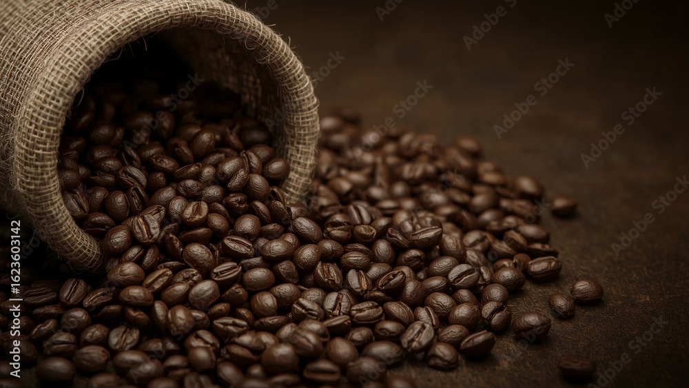 Fototapeta premium Hyperrealistic Close-Up of Aromatic Roasted Coffee Beans Spilling from a Burlap Sack onto a Dark, Textured Surface, Evoking Freshness and Richness for Beverage and Culinary Designs