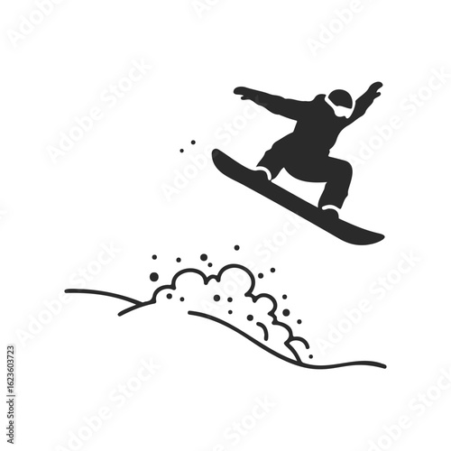 Silhouette of snowboarder performing jump on snowy hill