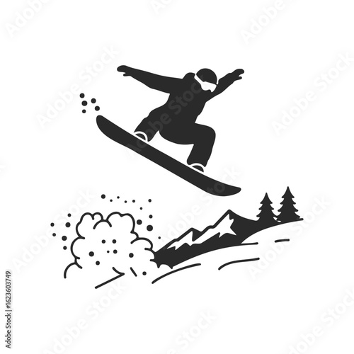 Silhouette of snowboarder jumping over snow with mountain and trees