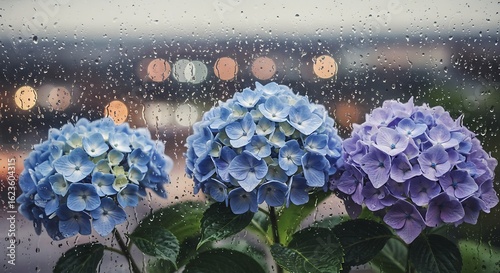 Three large blooming hydrangea flowers in shades of blue and purple sit in front of a window with rain drops and bokeh lights