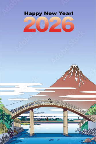2026年年賀状赤富士と橋