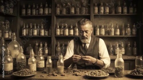 A traditional elderly pharmacist in an old traditional pharmacy, a doctor examining raw materials for making herbal magic tinctures