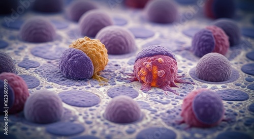 Microscopic view of immune cells attacking cancer cells