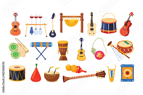 Collection of diverse musical instruments and percussion displayed on a black background