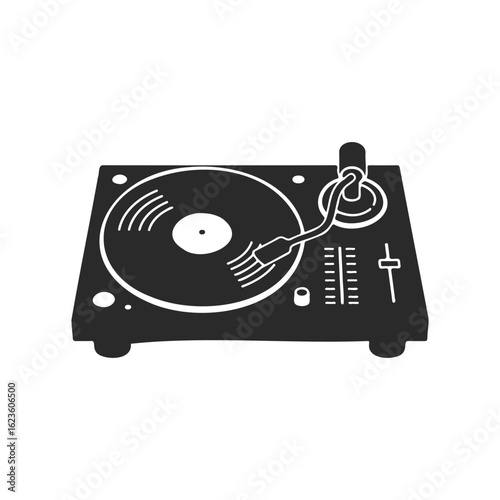 Black and white vinyl record player turntable with tonearm on isolated background