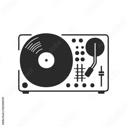 Silhouette of a classic turntable with vinyl record and controls