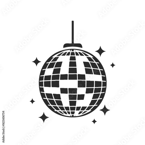 Black disco ball icon with sparkles on white background
