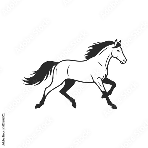 Elegant black and white horse illustration with flowing mane