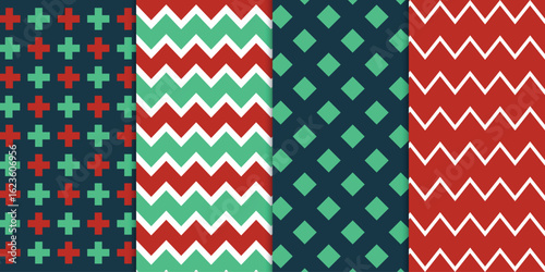 Colorful Christmas Geometric Patterns Featuring Holiday and Seasonal Designs in Various Styles. 