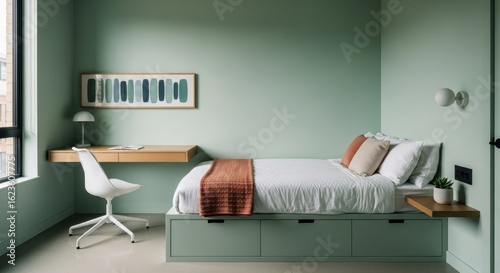 Minimalist bedroom in muted greens and terracotta