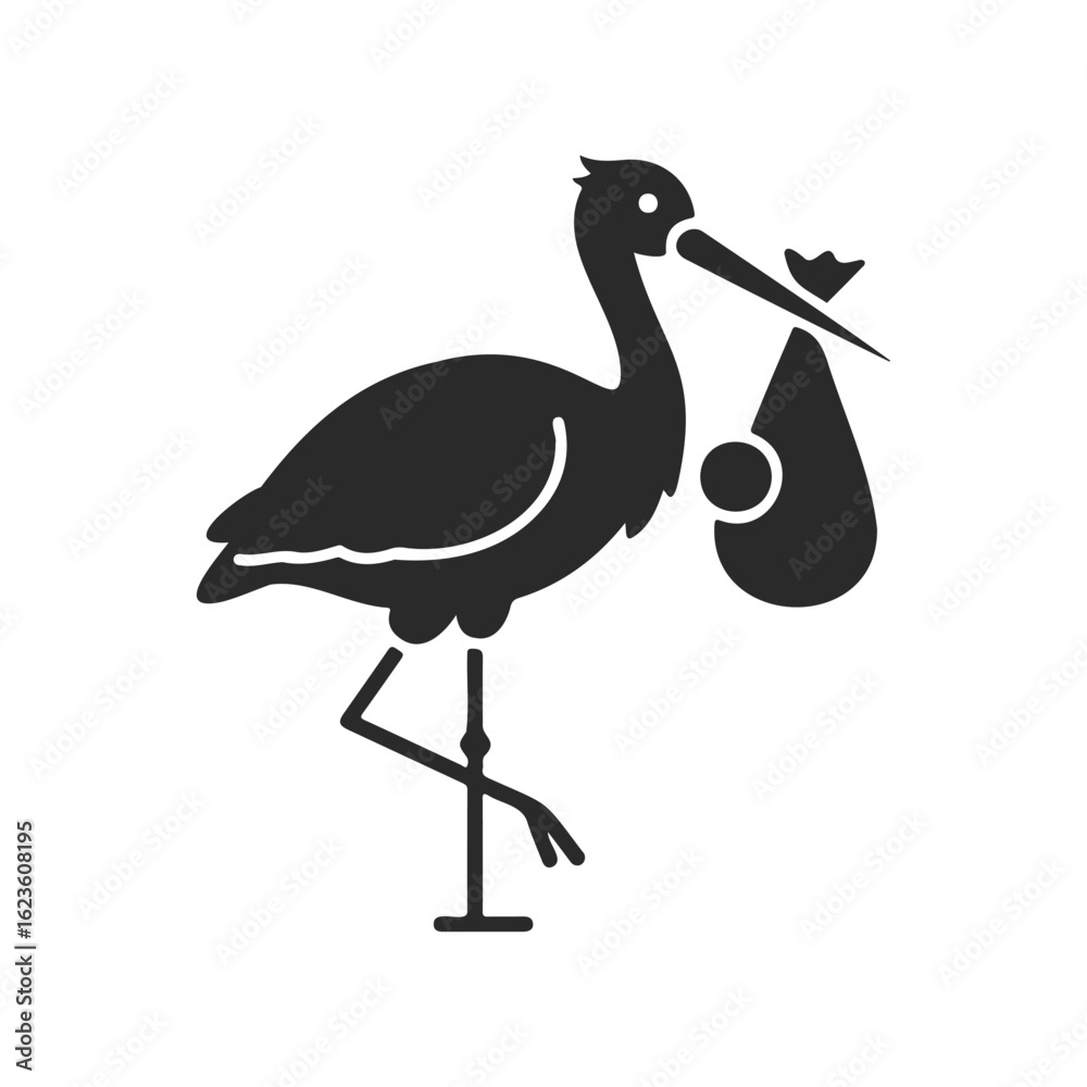 Fototapeta premium Silhouette of stork carrying newborn bundle icon on white background