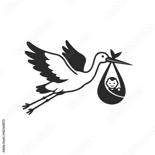 Stork carrying baby in bundle silhouette illustration