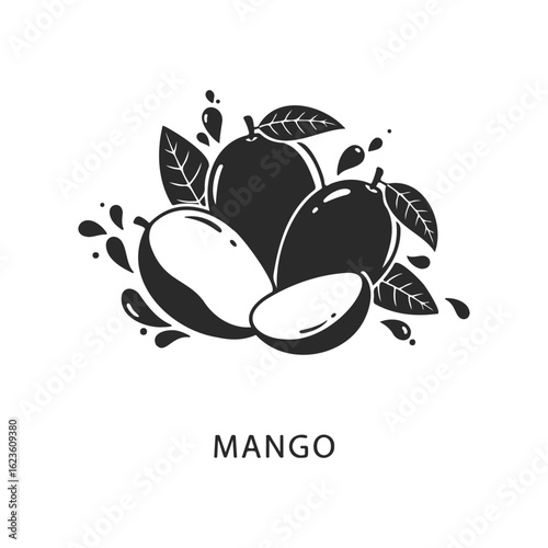 Black and white mango illustration with leaves and splashes