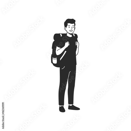 Young male backpacker illustration in black and white