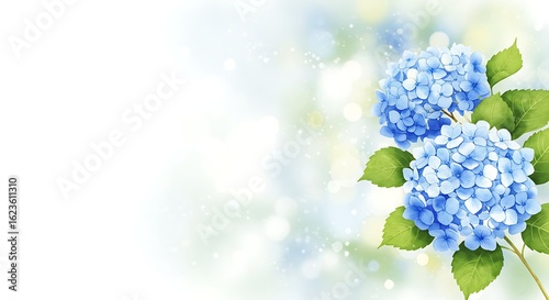 Delicate blue hydrangea blossoms with soft green leaves and a blurry light background